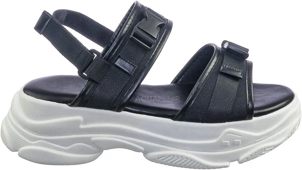 Athleisure Chunky Platform Sporty Sandal - Elastic Hook & Loop Slingbacks