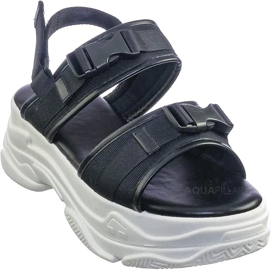 Athleisure Chunky Platform Sporty Sandal - Elastic Hook & Loop Slingbacks