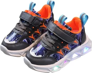 Children's LED Sneakers Leather Reflective Breathable Soft Sole Lace up Shoes Collision Color Tights Shoes