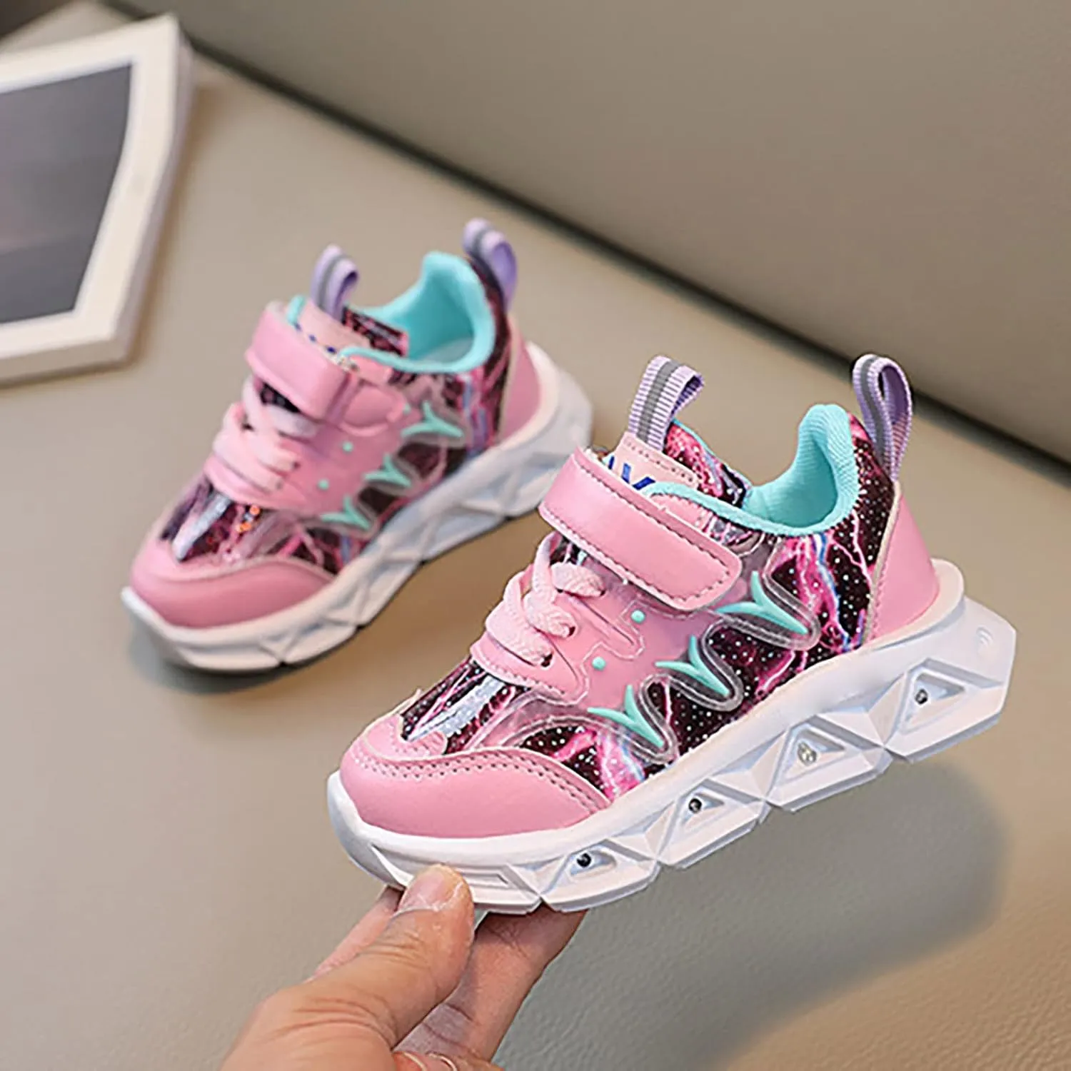 Children's LED Sneakers Leather Reflective Breathable Soft Sole Lace up Shoes Collision Color Tights Shoes