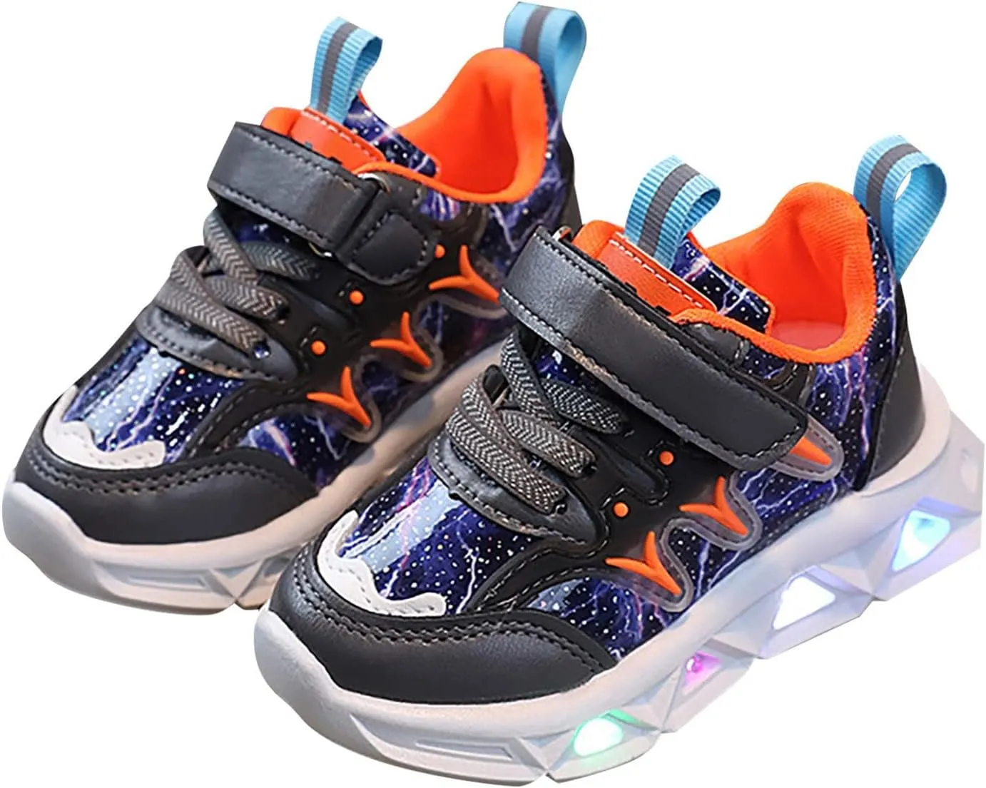 Children's LED Sneakers Leather Reflective Breathable Soft Sole Lace up Shoes Collision Color Tights Shoes