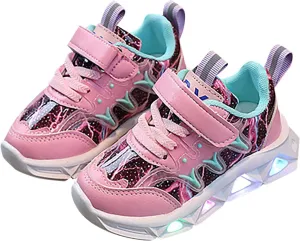 Children's LED Sneakers Leather Reflective Breathable Soft Sole Lace up Shoes Collision Color Tights Shoes