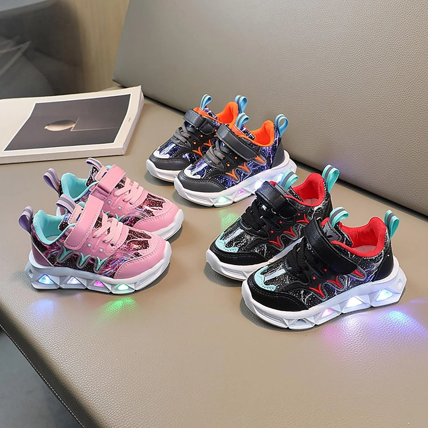 Children's LED Sneakers Leather Reflective Breathable Soft Sole Lace up Shoes Collision Color Tights Shoes