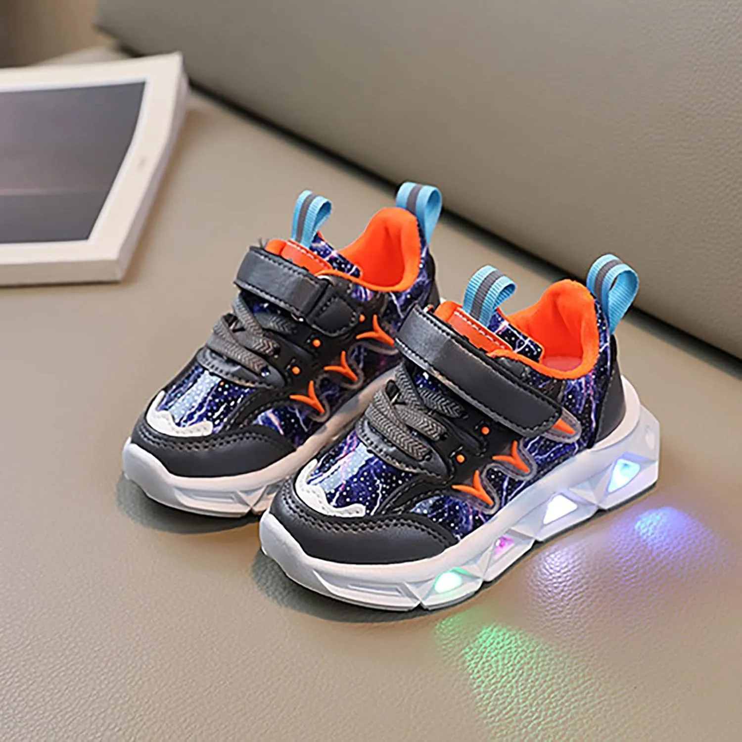 Children's LED Sneakers Leather Reflective Breathable Soft Sole Lace up Shoes Collision Color Tights Shoes