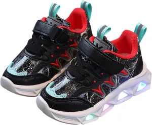 Children's LED Sneakers Leather Reflective Breathable Soft Sole Lace up Shoes Collision Color Tights Shoes