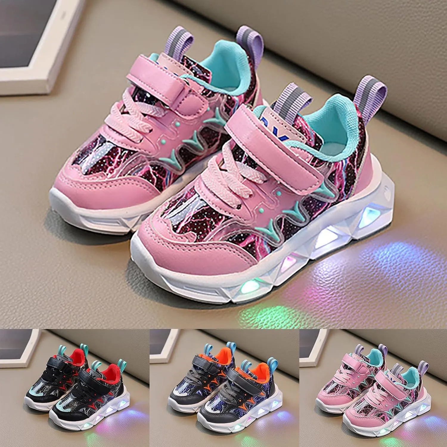 Children's LED Sneakers Leather Reflective Breathable Soft Sole Lace up Shoes Collision Color Tights Shoes