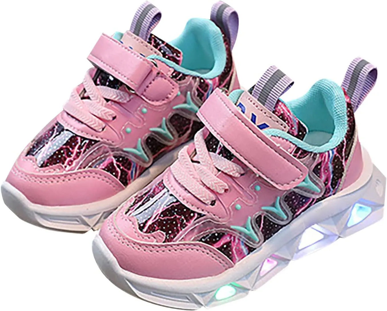 Children's LED Sneakers Leather Reflective Breathable Soft Sole Lace up Shoes Collision Color Tights Shoes