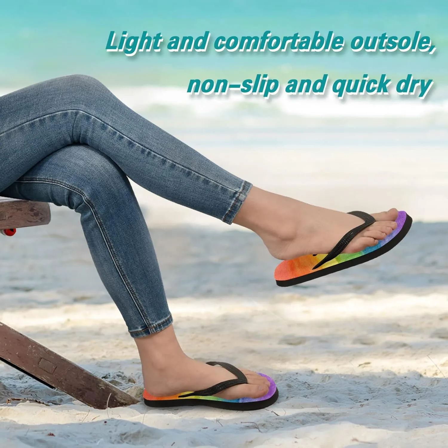 Colorful Striped Rainbow Womens Flip Flops Summer Beach Sandals Casual Thong Slippers Comfortable Shower Slippers Non Slip Water Sandals shoes S