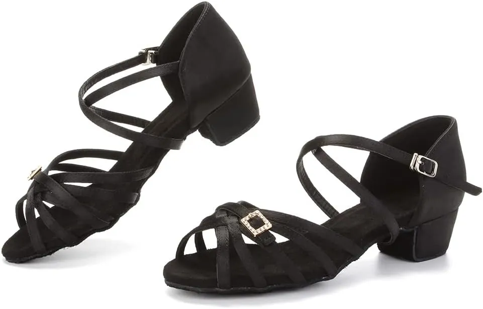 DKZSYIM Girls&Women's Satin Latin Dance Shoes Ballroom Performance Shoes,Model WZJTL
