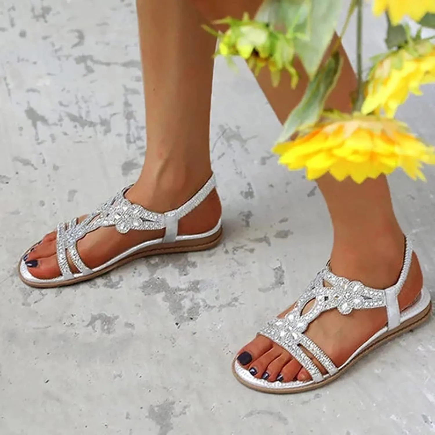 Eduavar Orthopedic Sandals for Women, Sandals Women Fashion Bohemia Crystal Open Toe Low Wedge Sandals Breathable Sandals