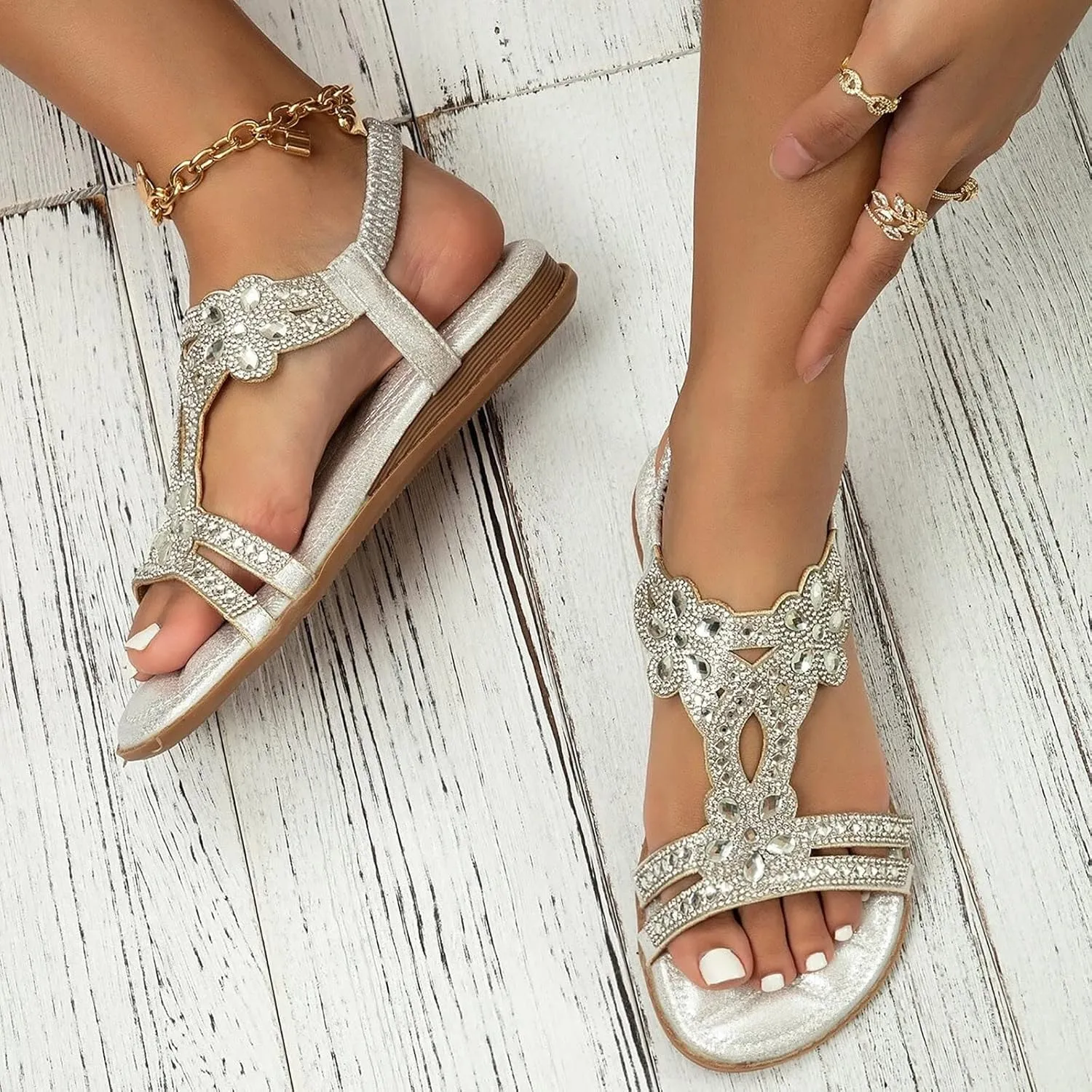 Eduavar Orthopedic Sandals for Women, Sandals Women Fashion Bohemia Crystal Open Toe Low Wedge Sandals Breathable Sandals