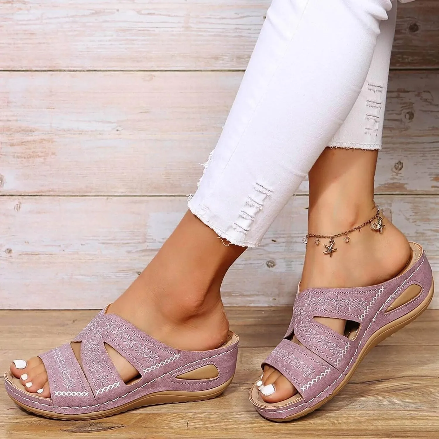 Eduavar Orthopedic Sandals for Women, Womens Sandals Casual Summer Low Wedge Sandals Breathable Open Toe Walking Sandals