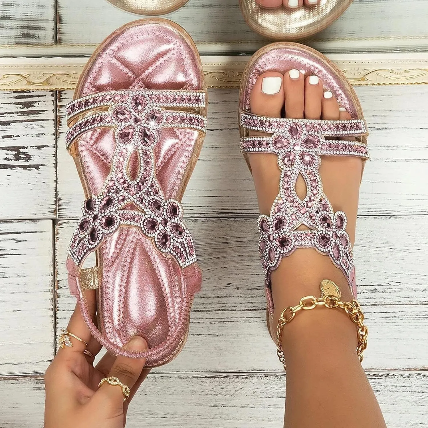 Eduavar Orthopedic Sandals for Women, Womens Sandals Dressy Bohemia Crystal Open Toe Low Wedge Sandals Breathable Sandals