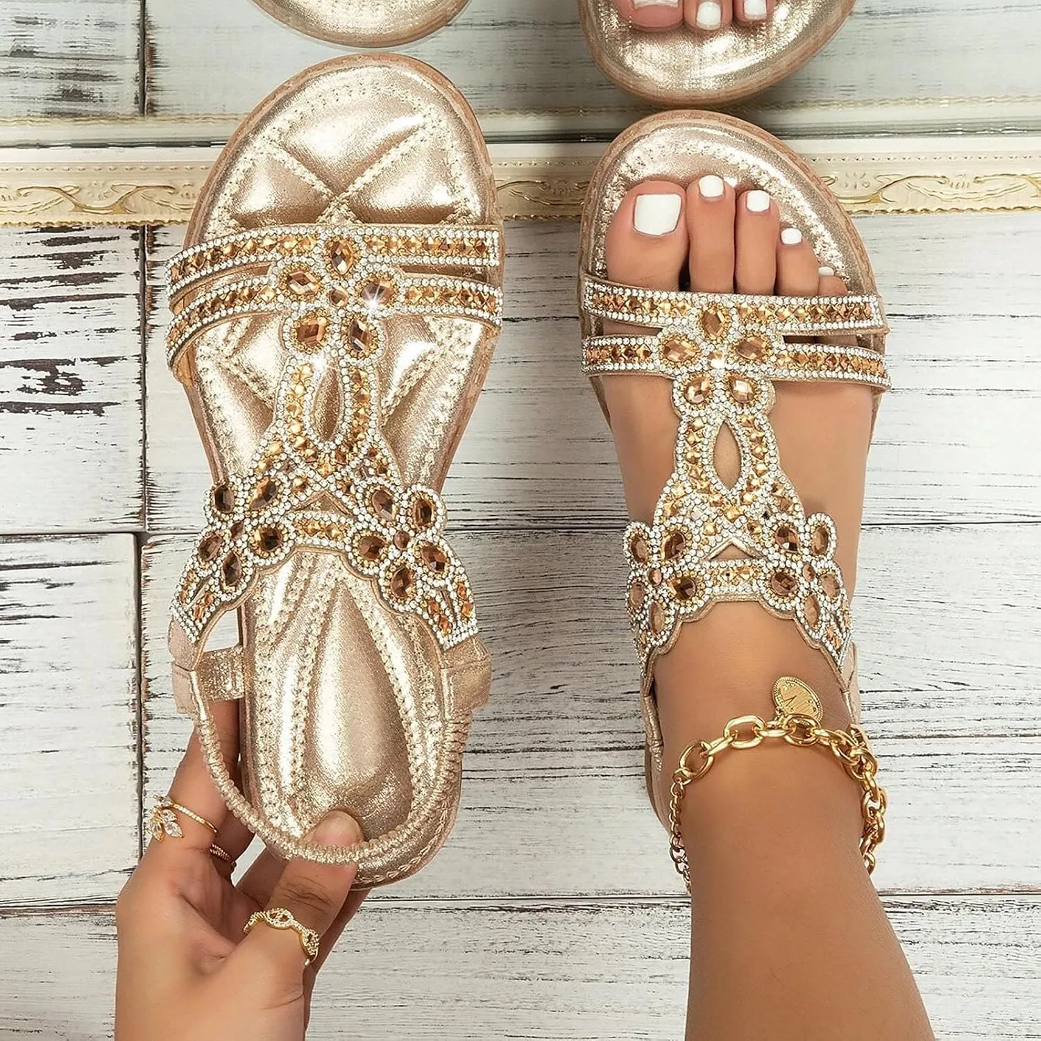 Eduavar Orthopedic Sandals for Women, Womens Sandals Dressy Bohemia Crystal Open Toe Low Wedge Sandals Breathable Sandals