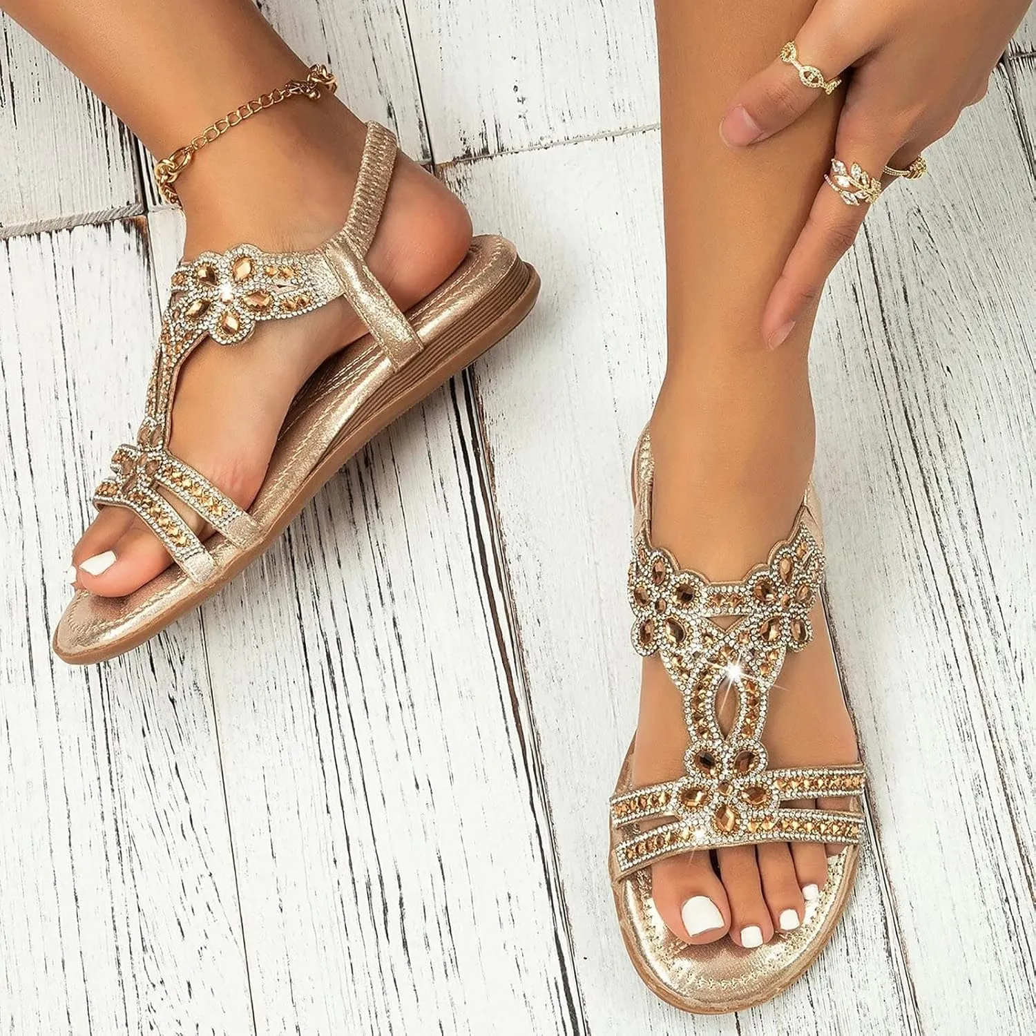 Eduavar Orthopedic Sandals for Women, Womens Sandals Dressy Bohemia Crystal Open Toe Low Wedge Sandals Breathable Sandals