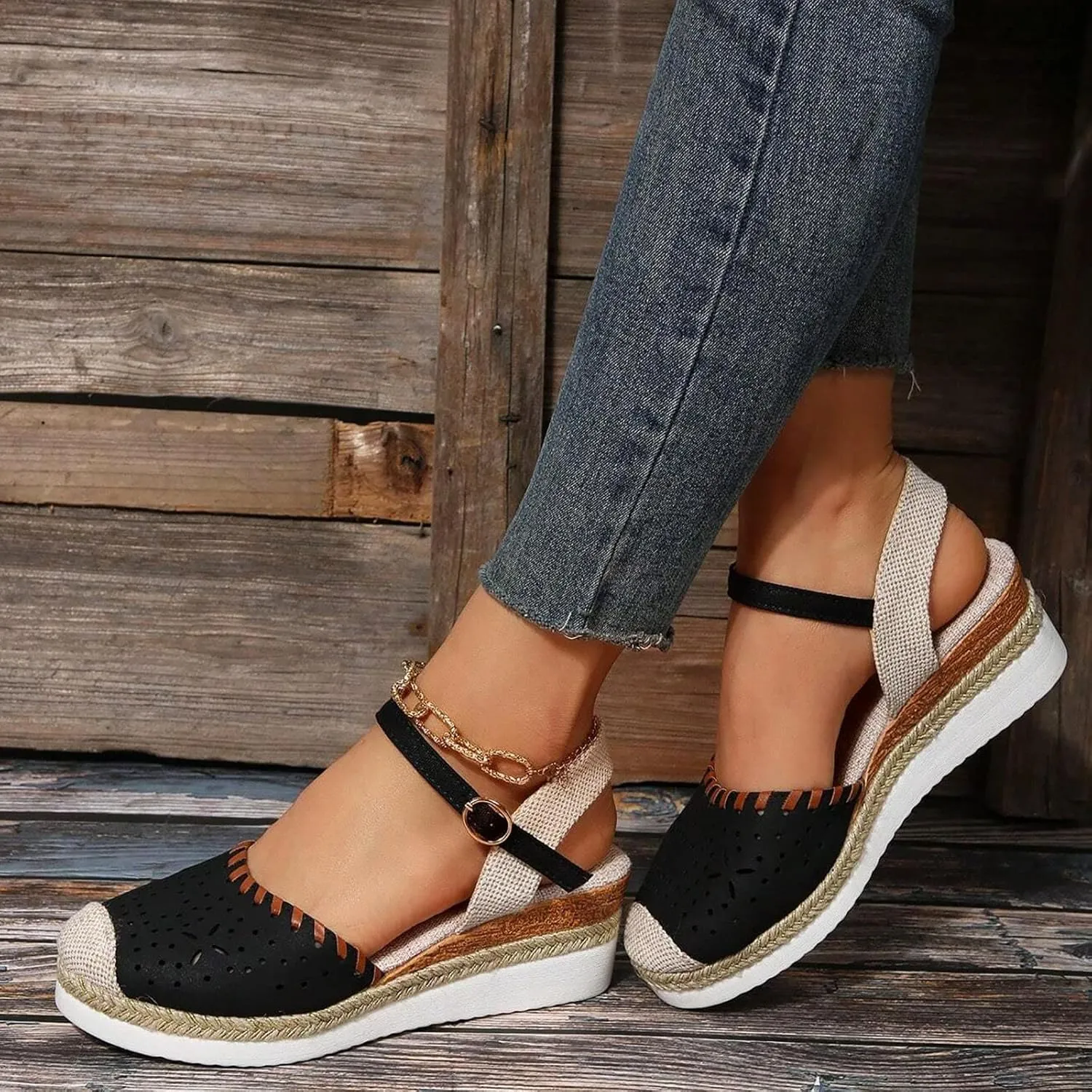 Eduavar Sandalias Para Mujer, Sandals Women Comfortable Close Toed Sandals Lace-up Flat Strap Sandals Shoes