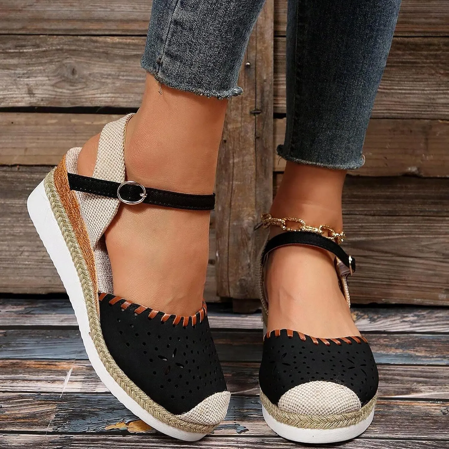 Eduavar Sandalias Para Mujer, Sandals Women Comfortable Close Toed Sandals Lace-up Flat Strap Sandals Shoes