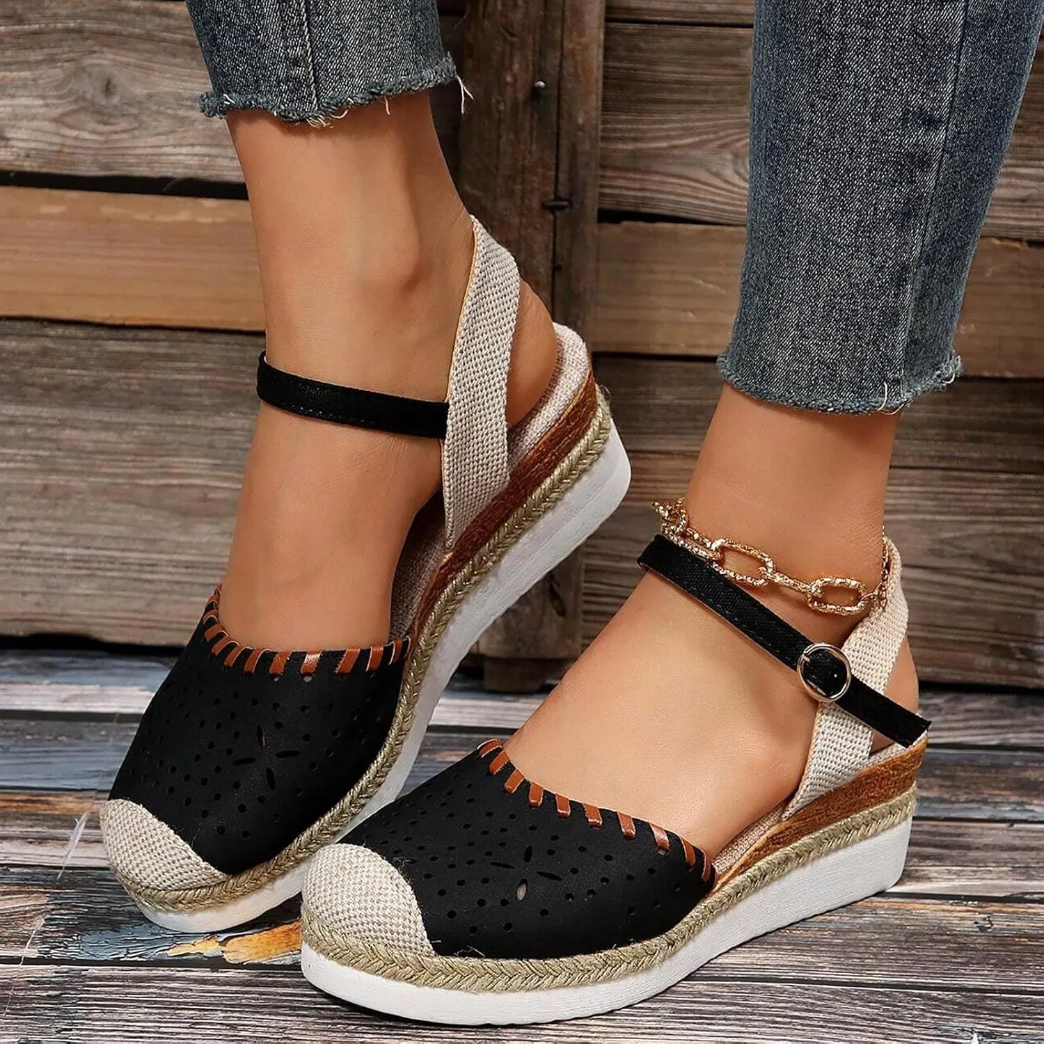 Eduavar Sandalias Para Mujer, Sandals Women Comfortable Close Toed Sandals Lace-up Flat Strap Sandals Shoes
