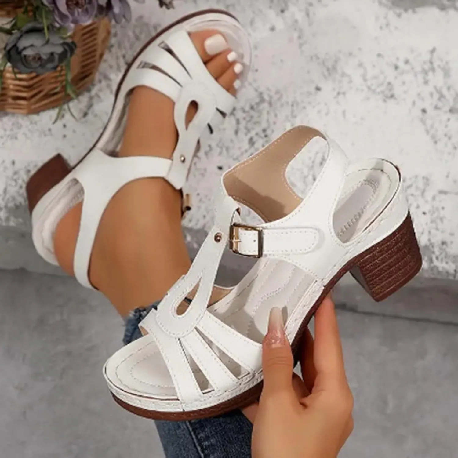 Eduavar Sandals for Women Dressy, Orthopedic Sandals for Women Ankle Strap Cut Out Sandals Breathable Heels Sandals