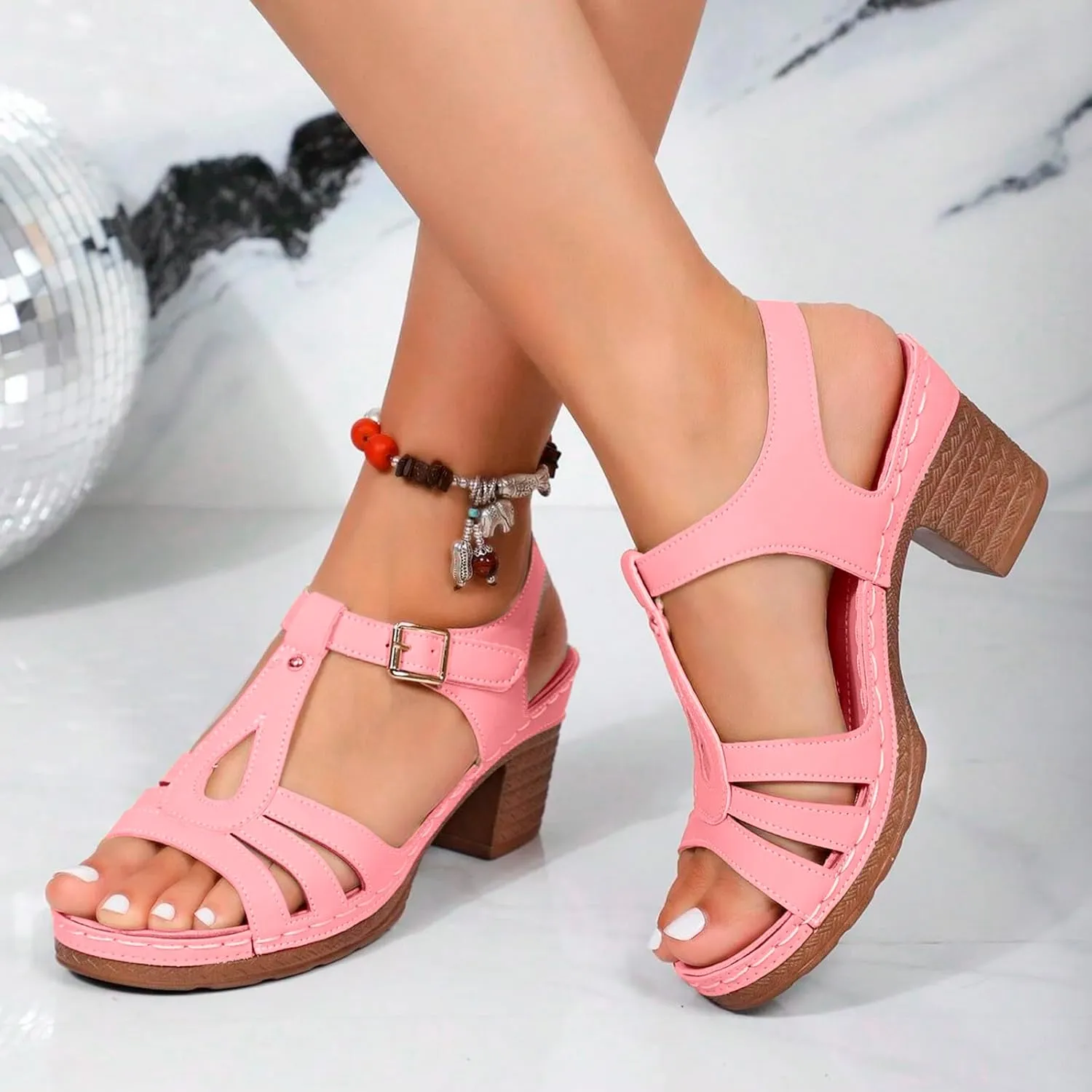 Eduavar Sandals for Women Dressy, Orthopedic Sandals for Women Ankle Strap Cut Out Sandals Breathable Heels Sandals