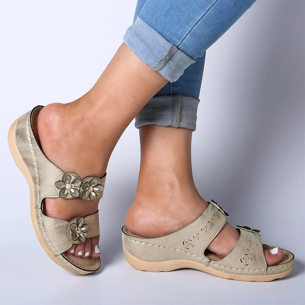 Eduavar Walking Sandals Women Comfort, Womens Sandals Leopard Print Sandals Breathable Peep Toe Slip On Wedge Sandals Shoes
