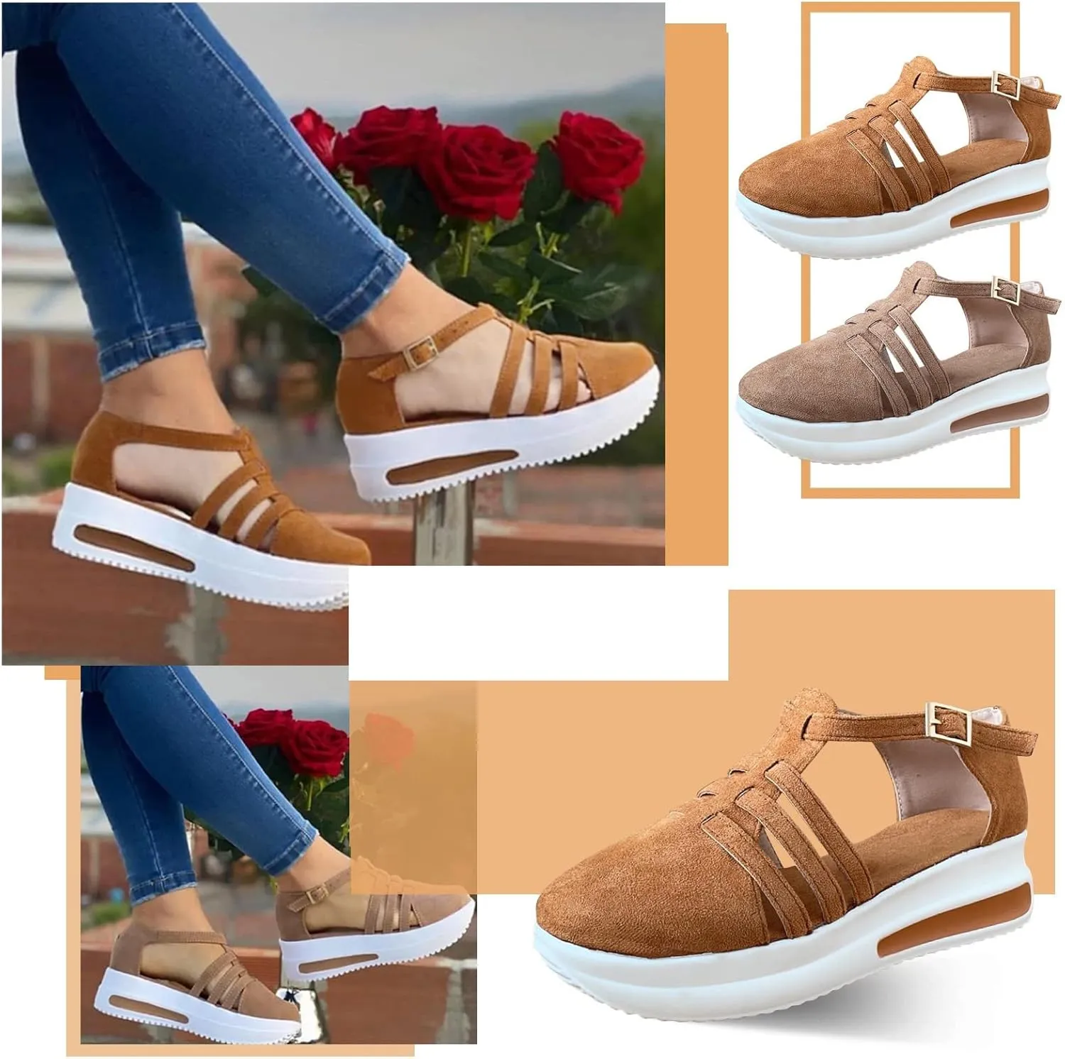 Eduavar Womens Sandals Closed Toe Elastic Ankle Strap Walking Shoes with Arch Support Lightweight Summer Beach Wedge Sandals