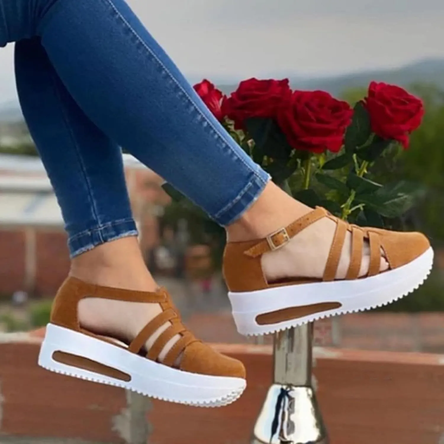 Eduavar Womens Sandals Closed Toe Elastic Ankle Strap Walking Shoes with Arch Support Lightweight Summer Beach Wedge Sandals