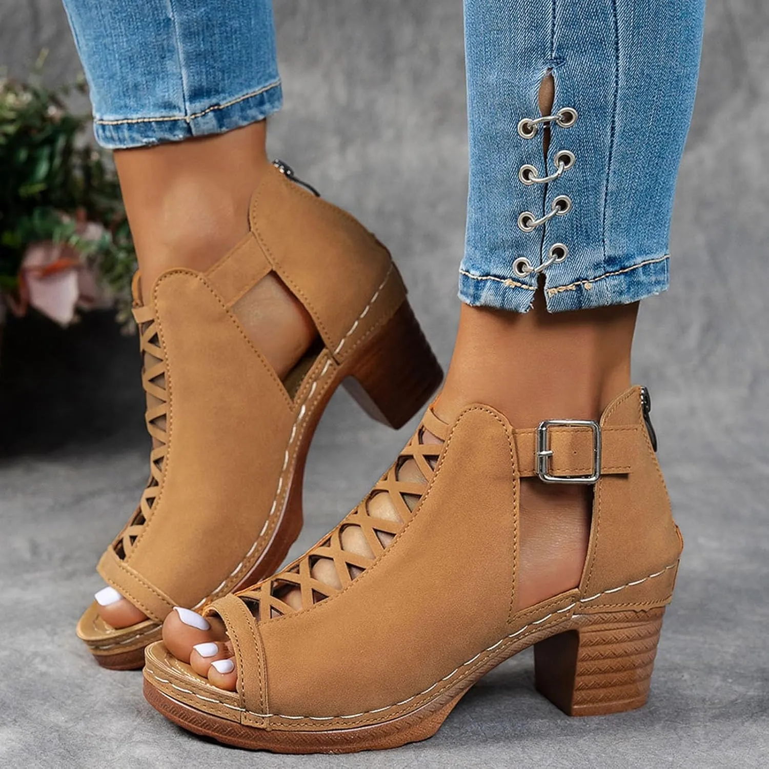 Eduavar Womens Sandals Comfortable, Sandals Women Fahsoin Aran Open Toe Heel Sandal Cut Out Boots Sandals with Ankle Strap