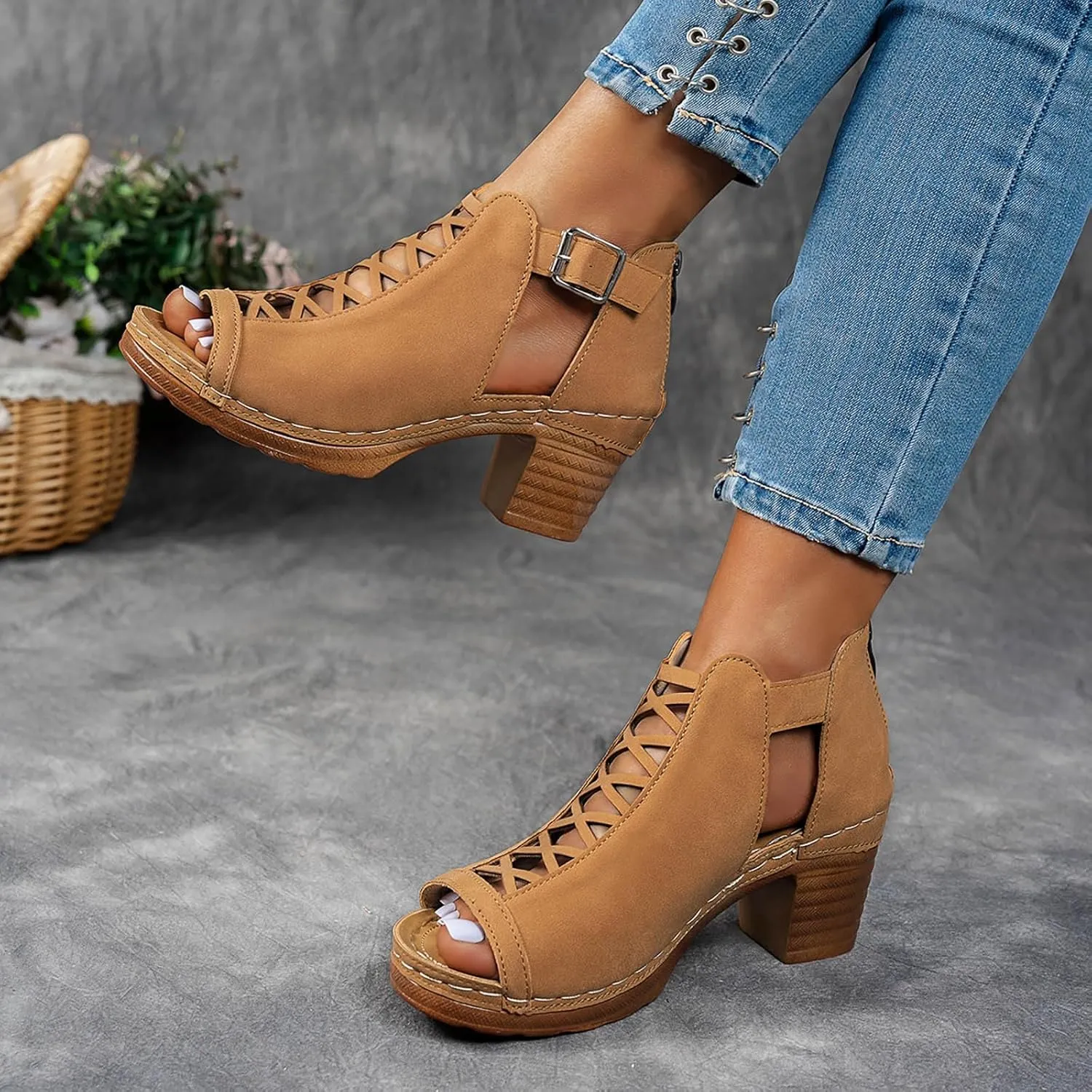 Eduavar Womens Sandals Comfortable, Sandals Women Fahsoin Aran Open Toe Heel Sandal Cut Out Boots Sandals with Ankle Strap