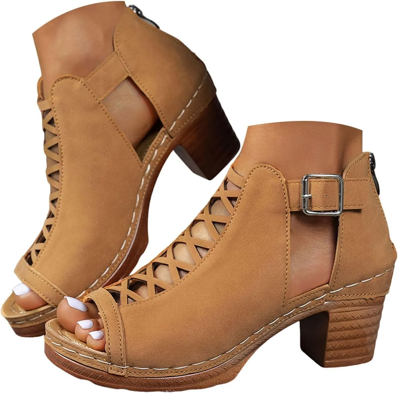 Eduavar Womens Sandals Comfortable, Sandals Women Fahsoin Aran Open Toe Heel Sandal Cut Out Boots Sandals with Ankle Strap