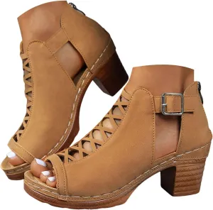 Eduavar Womens Sandals Comfortable, Sandals Women Fahsoin Aran Open Toe Heel Sandal Cut Out Boots Sandals with Ankle Strap