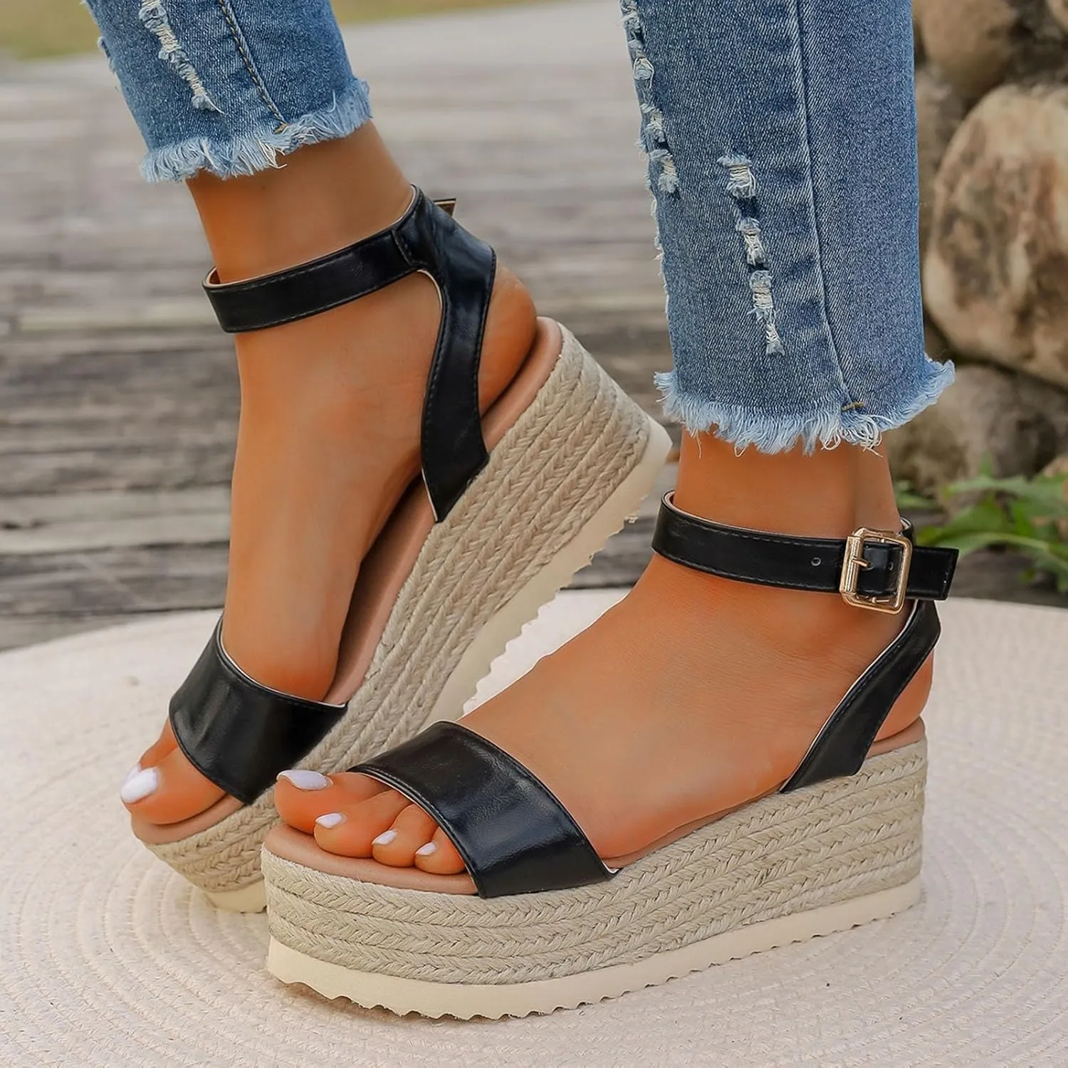 Eduavar Womens Sandals Dressy, Sandals for Women Dressy Wedge Platform Sandals Summer Buckle Ankle Strap Sandals