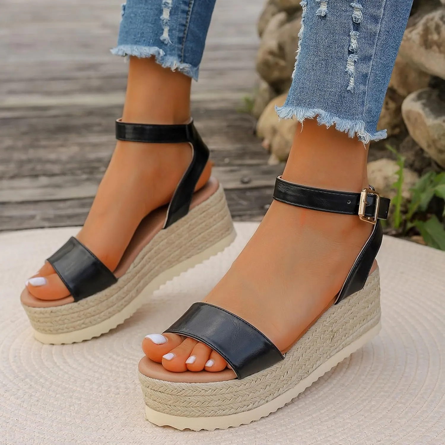 Eduavar Womens Sandals Dressy, Sandals for Women Dressy Wedge Platform Sandals Summer Buckle Ankle Strap Sandals