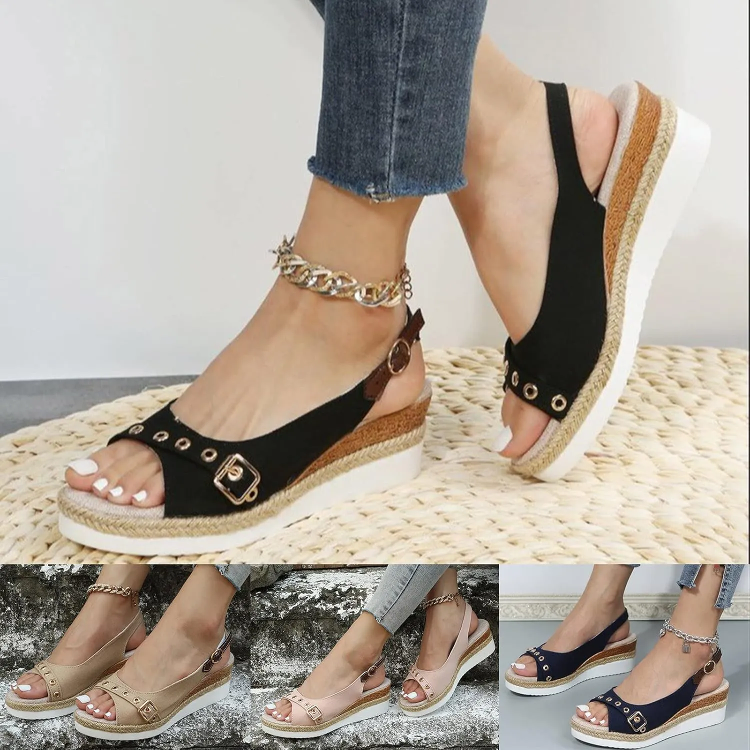 Eduavar Womens Wedge Sandals, Orthopedic Sandals for Women Peep Toe Platform Sandals Ankle Strap Comfy Sandals