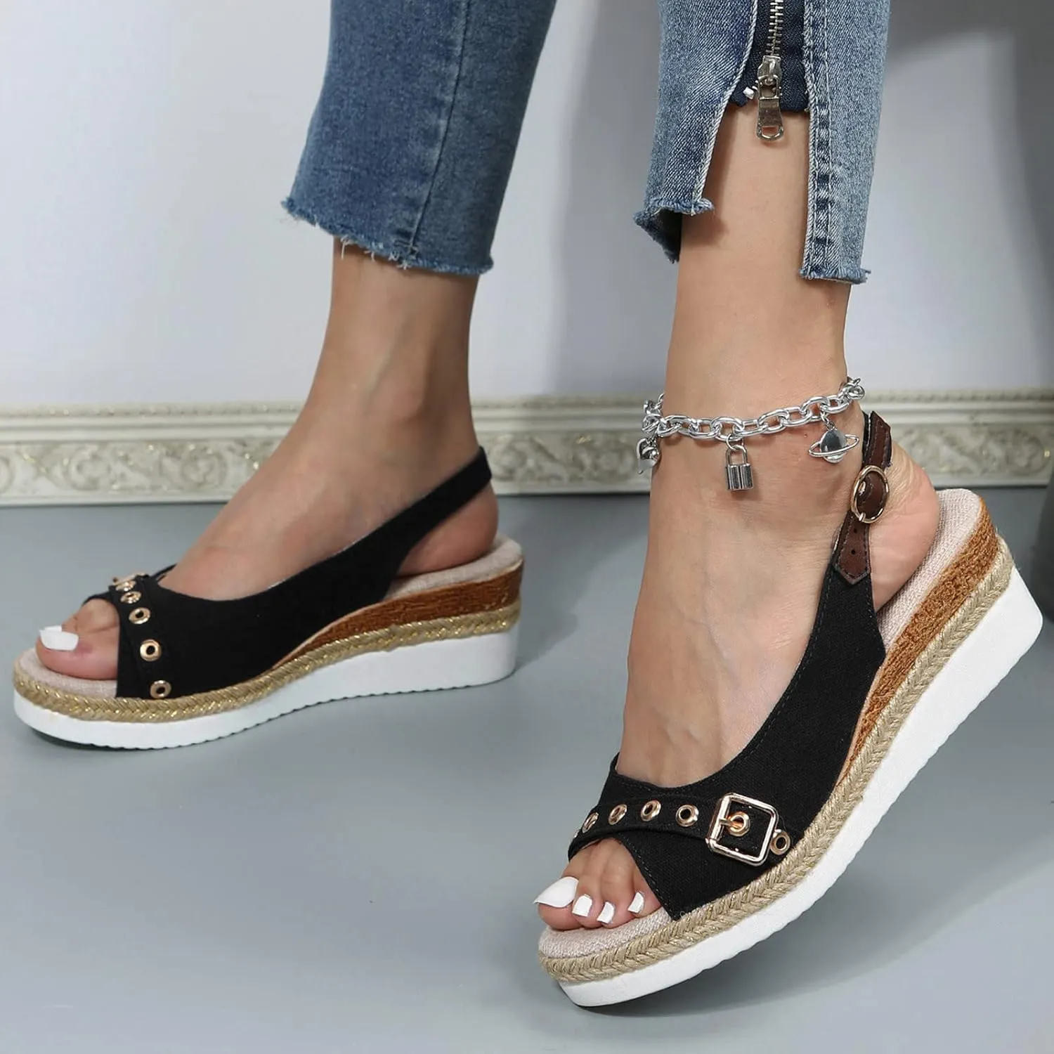 Eduavar Womens Wedge Sandals, Orthopedic Sandals for Women Peep Toe Platform Sandals Ankle Strap Comfy Sandals