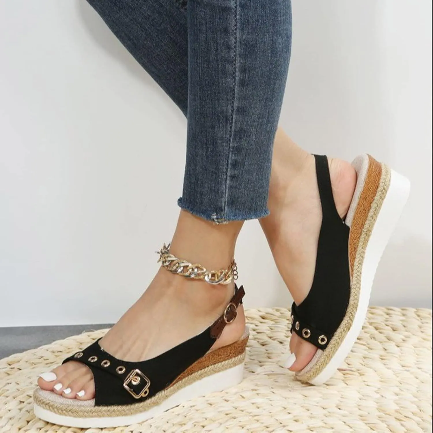 Eduavar Womens Wedge Sandals, Orthopedic Sandals for Women Peep Toe Platform Sandals Ankle Strap Comfy Sandals