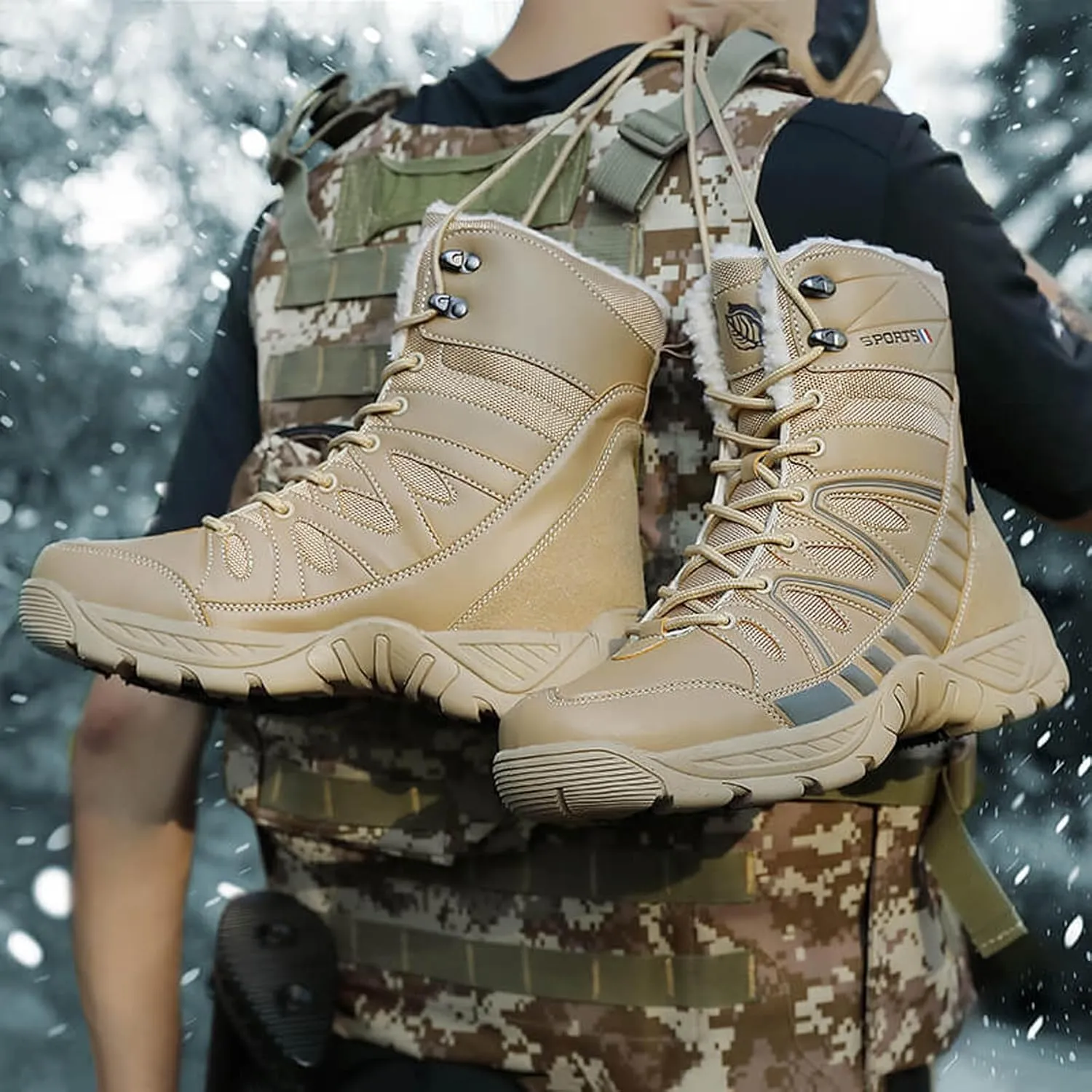 Eliogn Mens Combat Boots Tactical Waterproof Durable Leather Military Warm Snow Work Boots