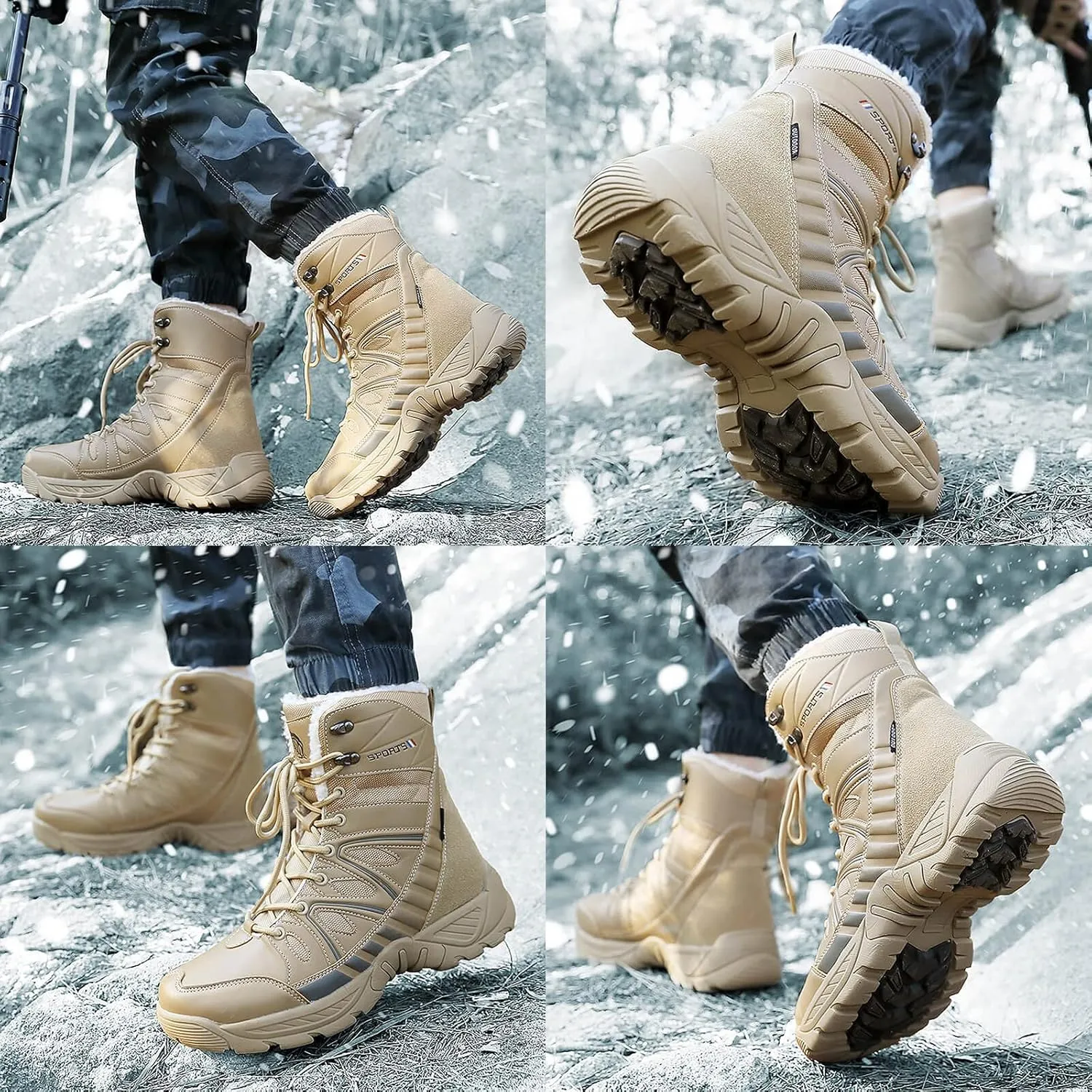 Eliogn Mens Combat Boots Tactical Waterproof Durable Leather Military Warm Snow Work Boots