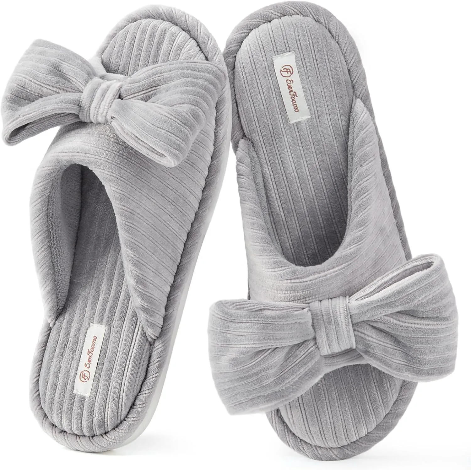 EverFoams Women's Open-Toe Bow Slippers with Memory Foam Indoor House Non-Slip Sole