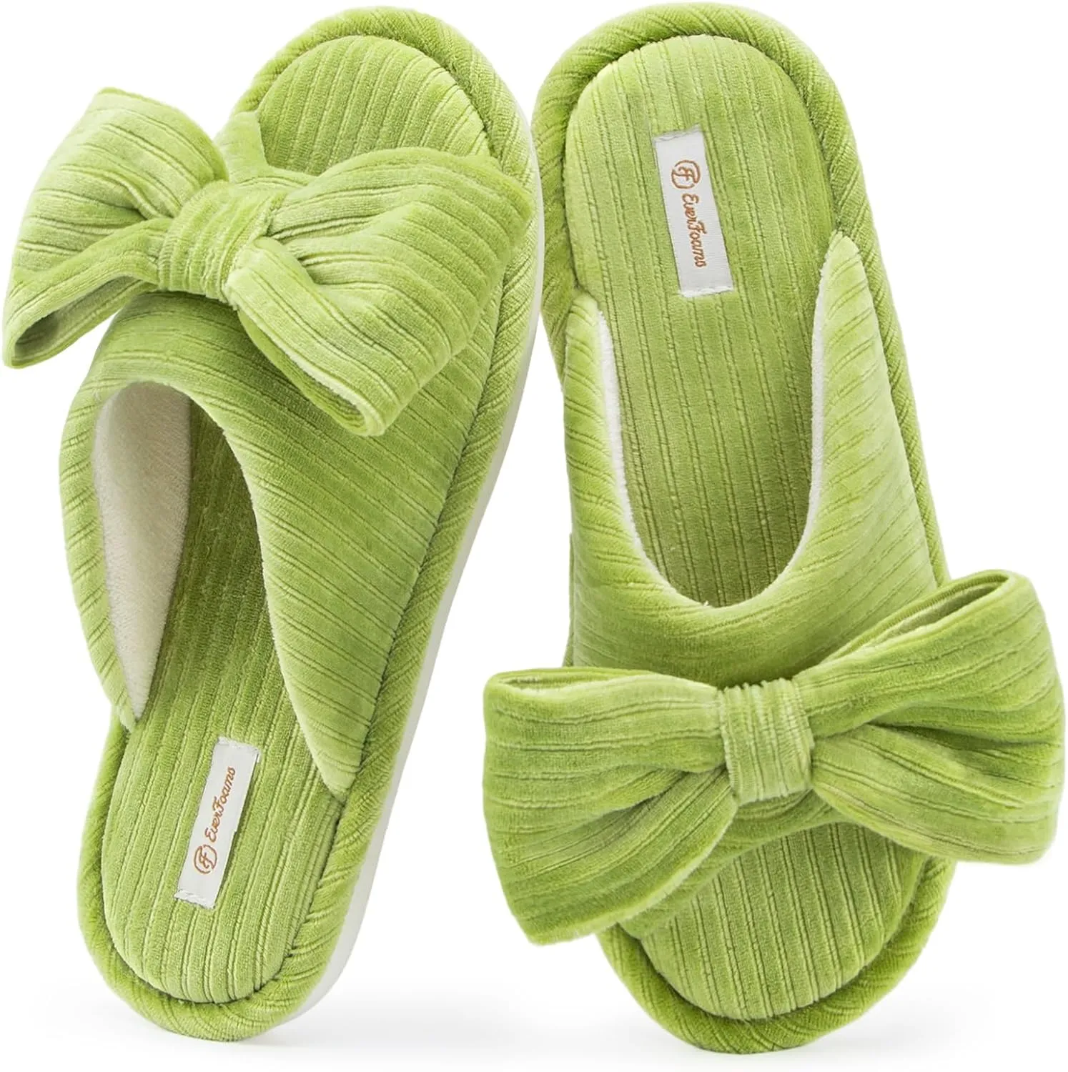 EverFoams Women's Open-Toe Bow Slippers with Memory Foam Indoor House Non-Slip Sole