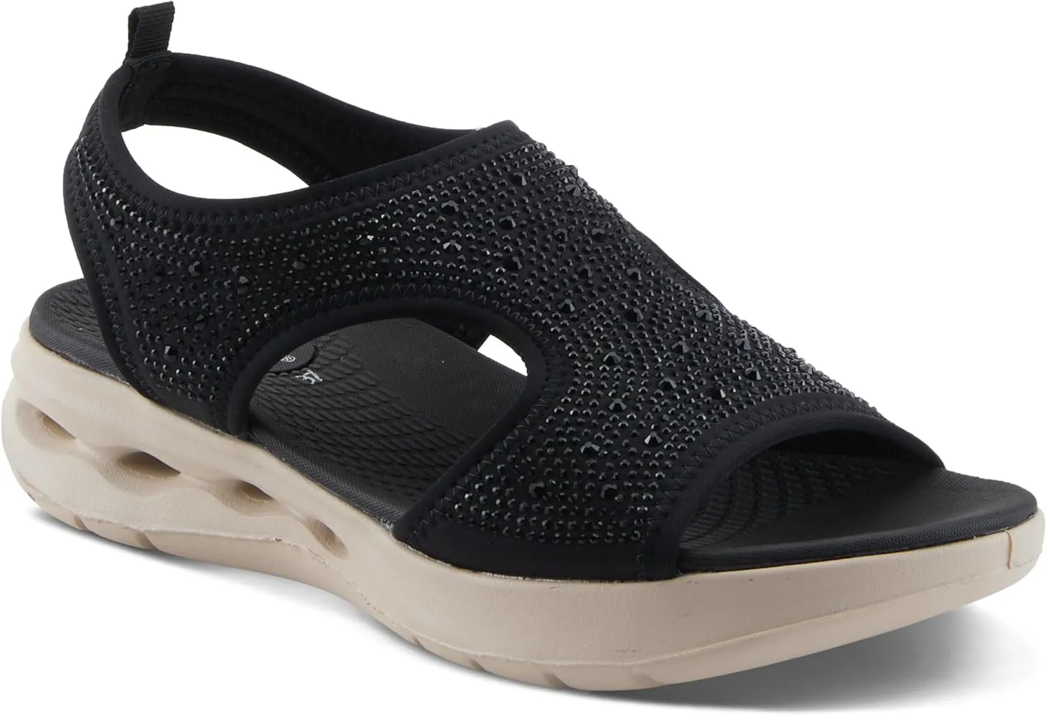 Flexus Women's GOSSELIN Rhinestone Ankle Strap Sandals – Sporty Lycra Slingback with Cushioned Footbed and Arch Support