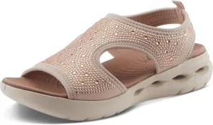 Flexus Women's GOSSELIN Rhinestone Ankle Strap Sandals – Sporty Lycra Slingback with Cushioned Footbed and Arch Support