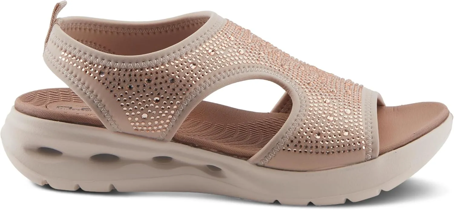 Flexus Women's GOSSELIN Rhinestone Ankle Strap Sandals – Sporty Lycra Slingback with Cushioned Footbed and Arch Support