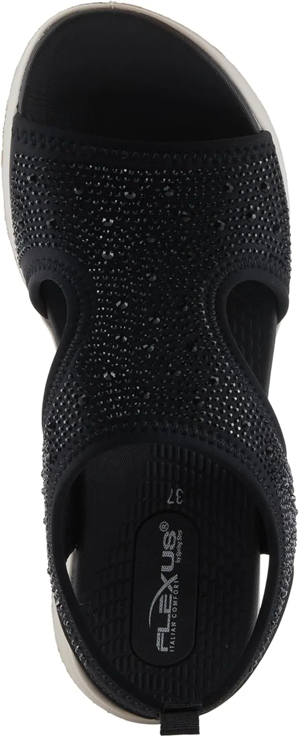Flexus Women's GOSSELIN Rhinestone Ankle Strap Sandals – Sporty Lycra Slingback with Cushioned Footbed and Arch Support