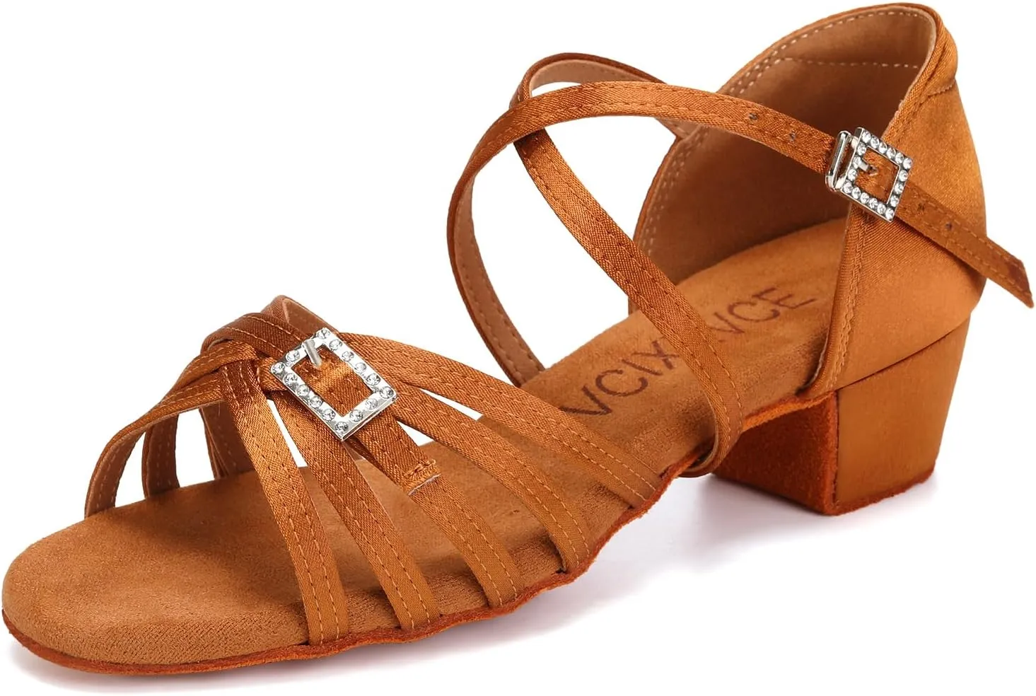 Girls Latin Dance Shoes Tan Low Heel Ballroom Tango Salsa Performance Practice Dancing Shoes