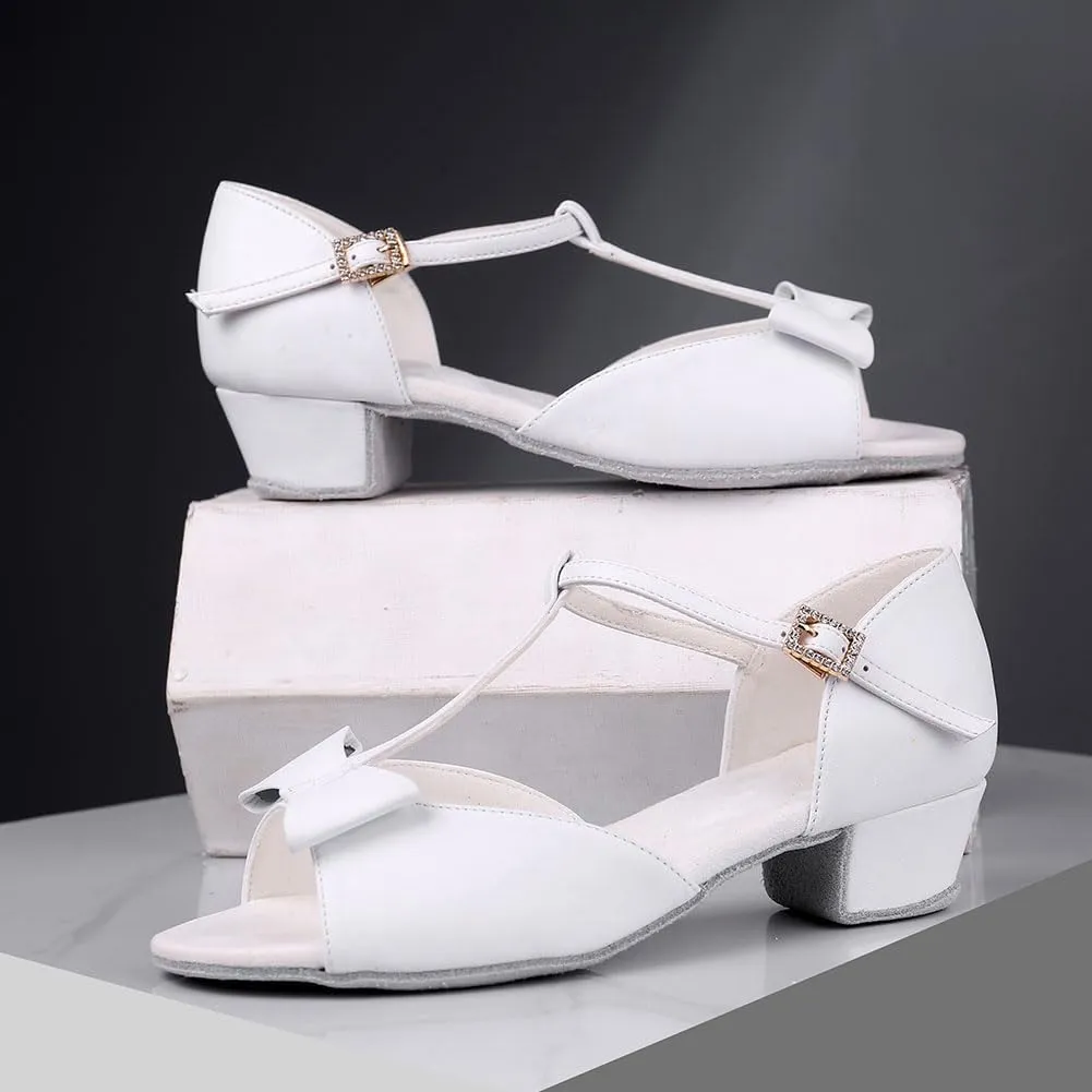 HIPPOSEUS Girls T-Strap Latin Ballroom Dance Shoes Bows Wedding Sandals