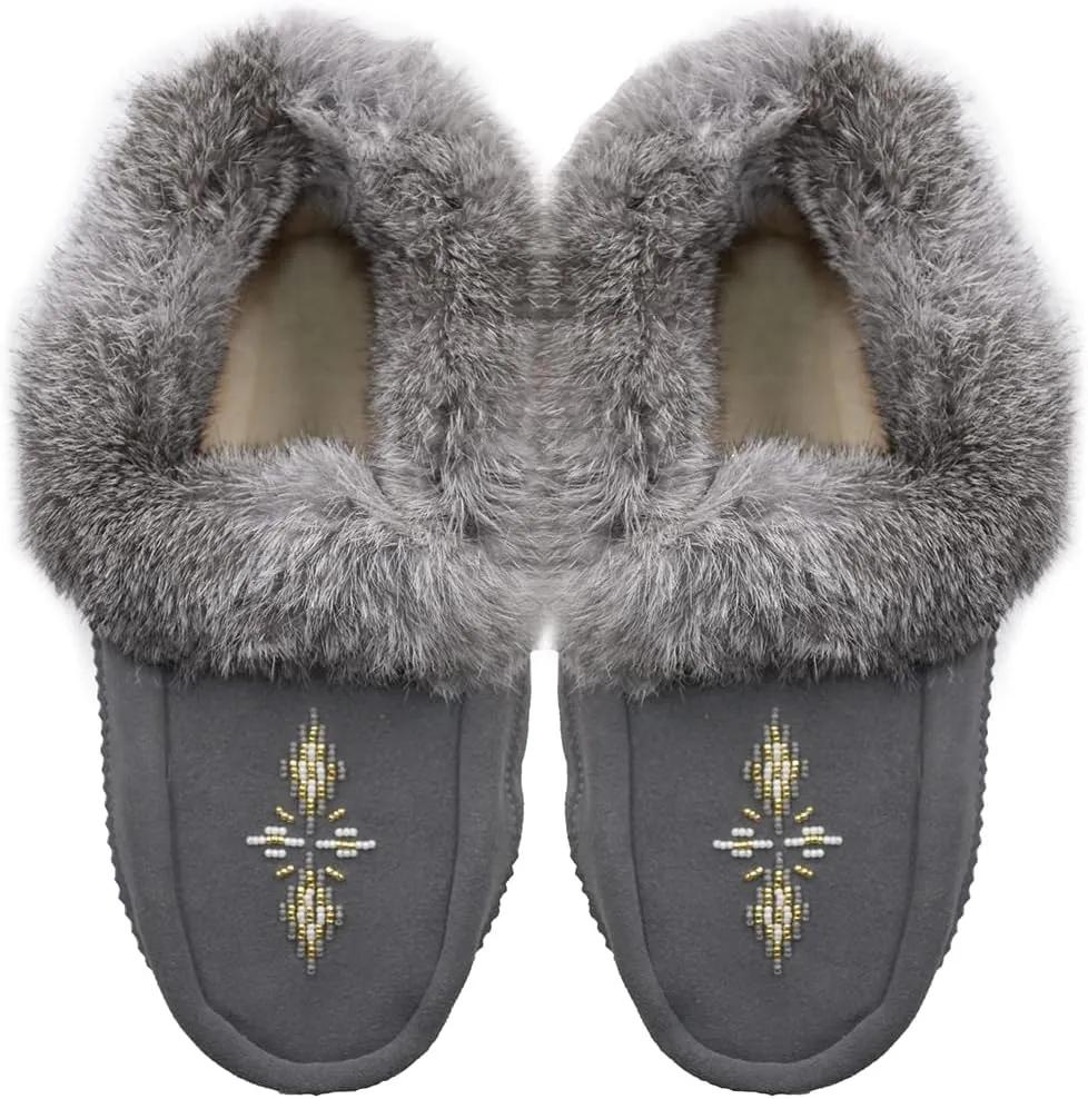 Hohokam Mukluks Women's Moccasin handmade Soft Sole Fleece Lined Rabbit Fur Trim shoes
