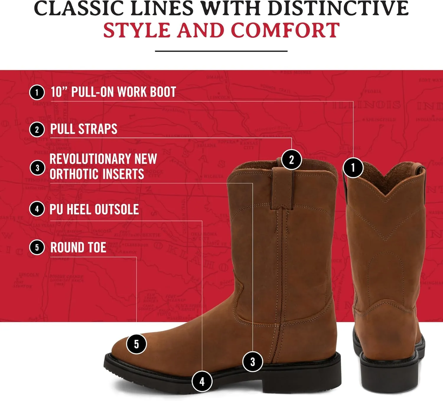 Justin Conductor 10" Work Boots for Men - Round Toe Premium Full-Grain Leather Uppers with Non Slip Traction Outsole, EH-Rated