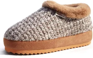 KUAILU Womens House Platform Slippers Cozy Fuzzy Plush Knit Arch Support Orthotic Plantar Fasciitis Bedroom Bootie Warm Memory Foam Fur Lined Winter Thick Cushion Indoor Outdoor Hard Sole Khaki Size 9