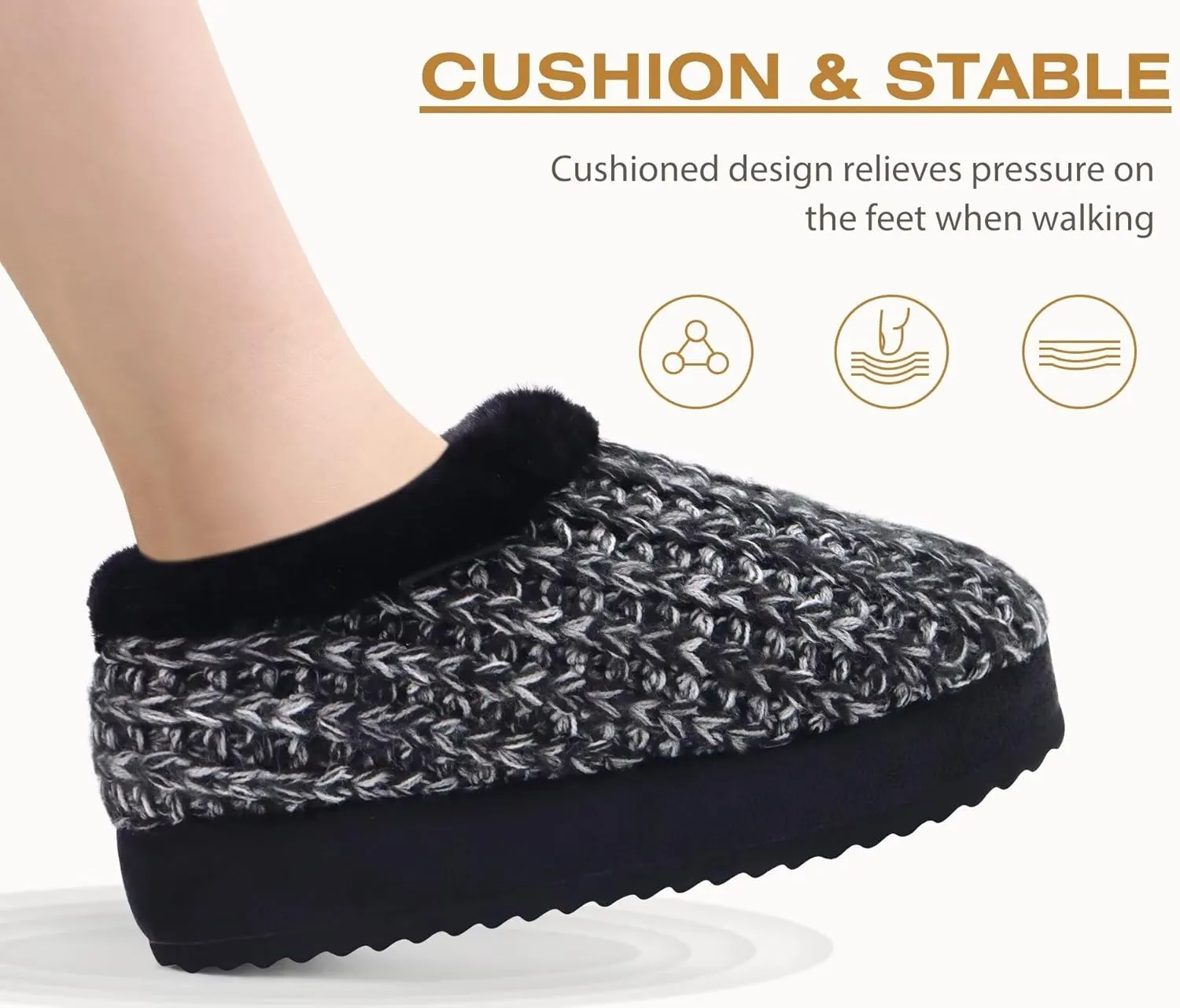 KuaiLu Womens House Platform Slippers Cozy Fuzzy Plush Knit Slipper Ladies Warm Fur Lined Winter Slip On Home Bedroom Thick Cushion Shoes Indoor Outdoor Hard Sole